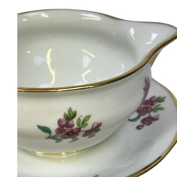 AJCO (AJ07) Vintage 1930's Gold Trim 'Flower' Gravy Boat/Attached Underplate - Picture 6 of 8